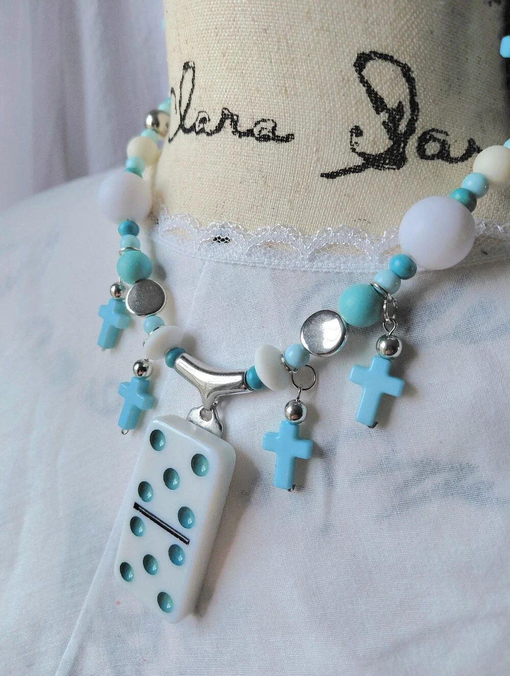 OOAK Handmade Turquoise Cross and Domino Necklace & earrings Set